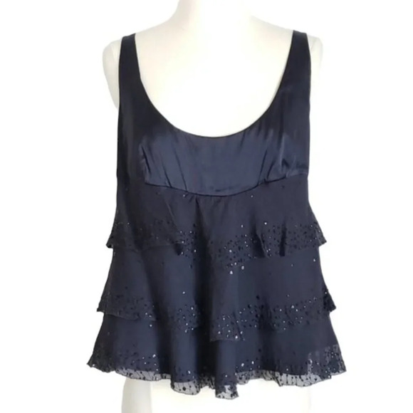 Diane Von Furstenberg Blue Beaded Silk Ruffle Sleeveless Top - Picture 1 of 8